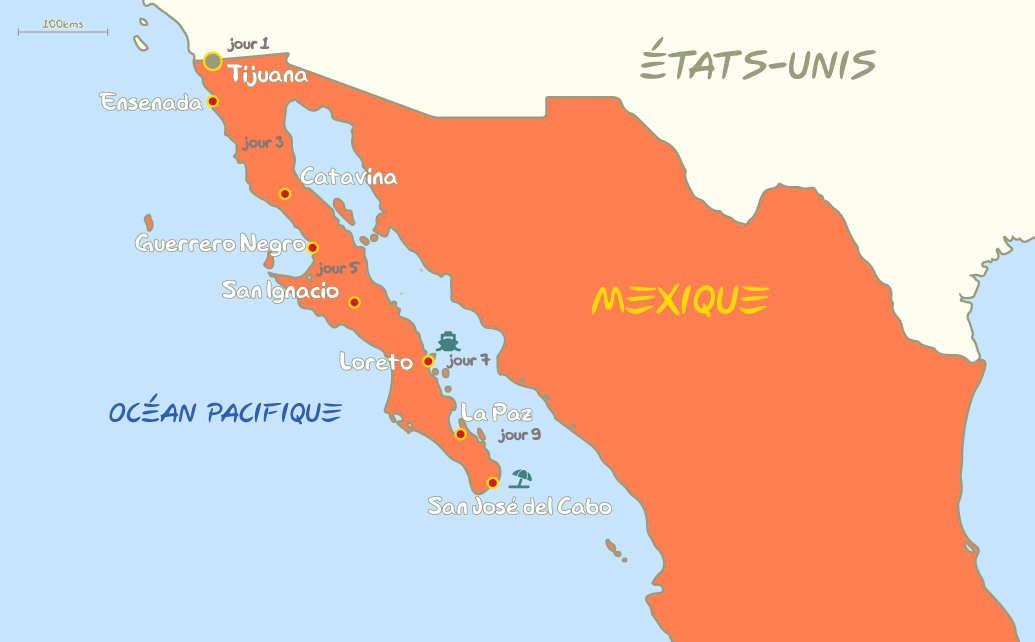 Carte circuit du nord au sud de la basse californie